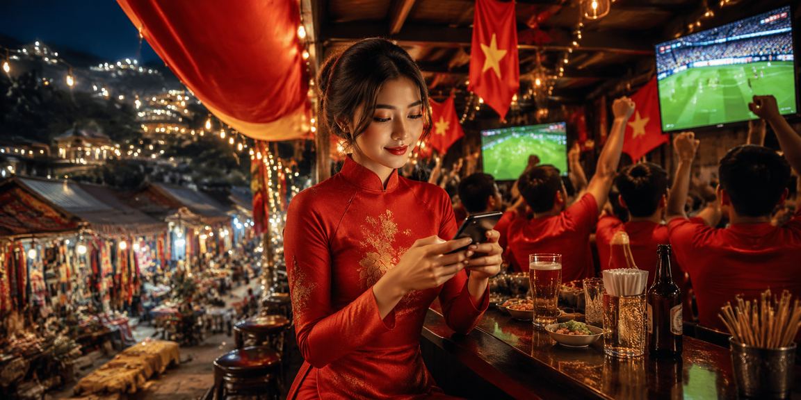 Người dùng sử dụng điện thoại truy cập casino trực tuyến tại vùng núi Sapa trong trang phục áo dài